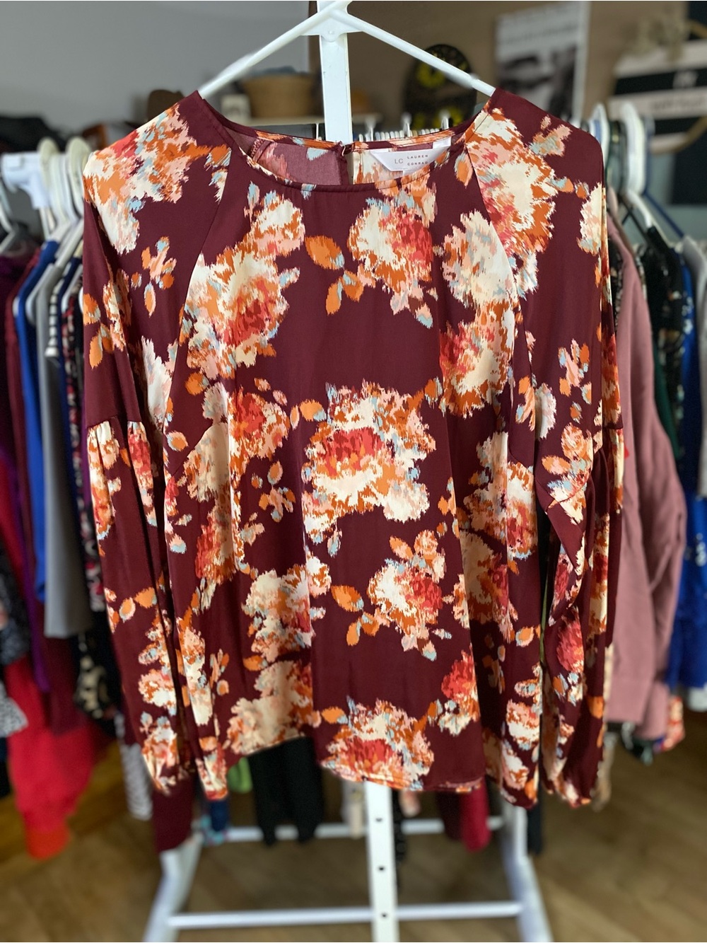 LC Lauren Conrad Maroon Floral Long Sleeve Blouse